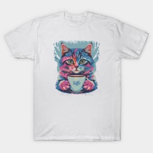 Colorful Cat And Coffee Cup Watercolor Design T-Shirt